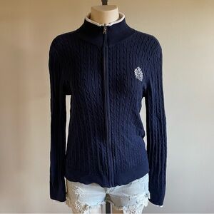 Ralph Lauren Crest Zip Up Sweater Cable Knit Navy Blue Preppy Acadamia Prep